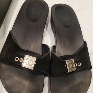 Chanel Clog Slide CC Logo Sandals Mules Size 37 Black